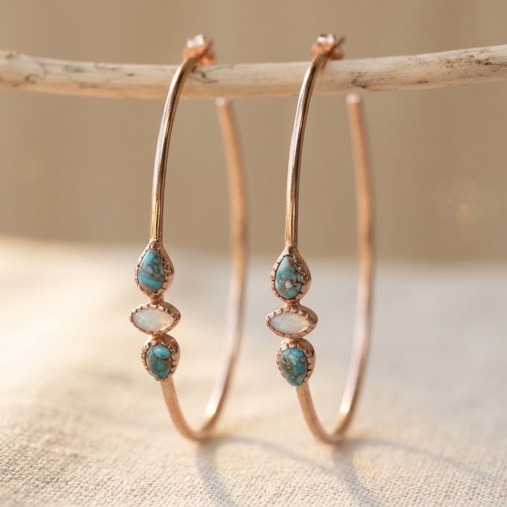 Handmade Boho Turquoise Stone Hoop Earrings