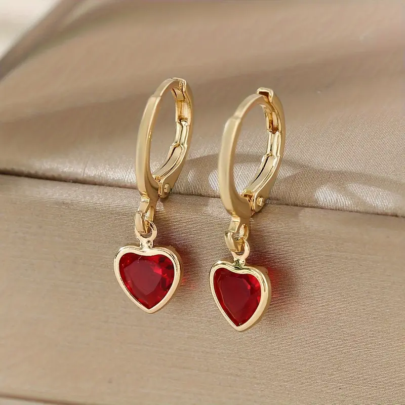 Vintage-Style Red Crystal Heart Gold-Tone Earrings