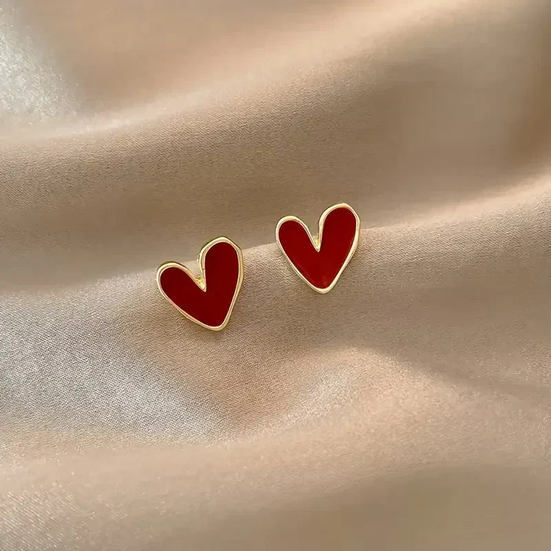 Antique-Style Red Heart Earrings in Gold Tone
