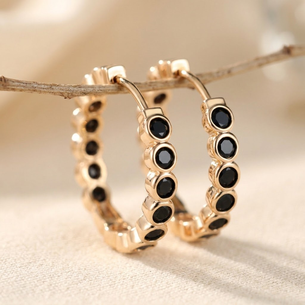 Boho Gold-Tone Hoop Earrings with Black Stones