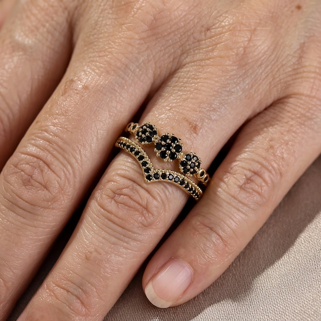 Black Double-Layer V-Shaped Statement Ring