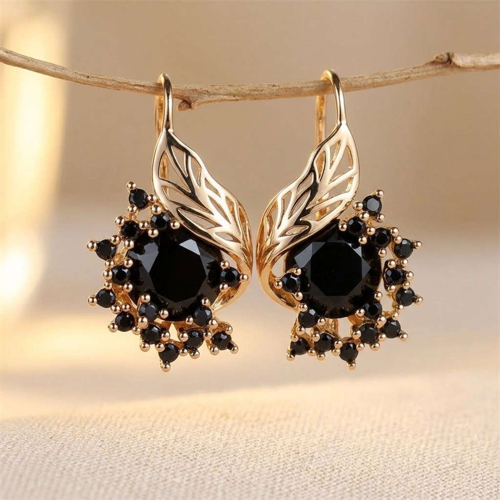 Black Cubic Zirconia Floral Drop Earrings