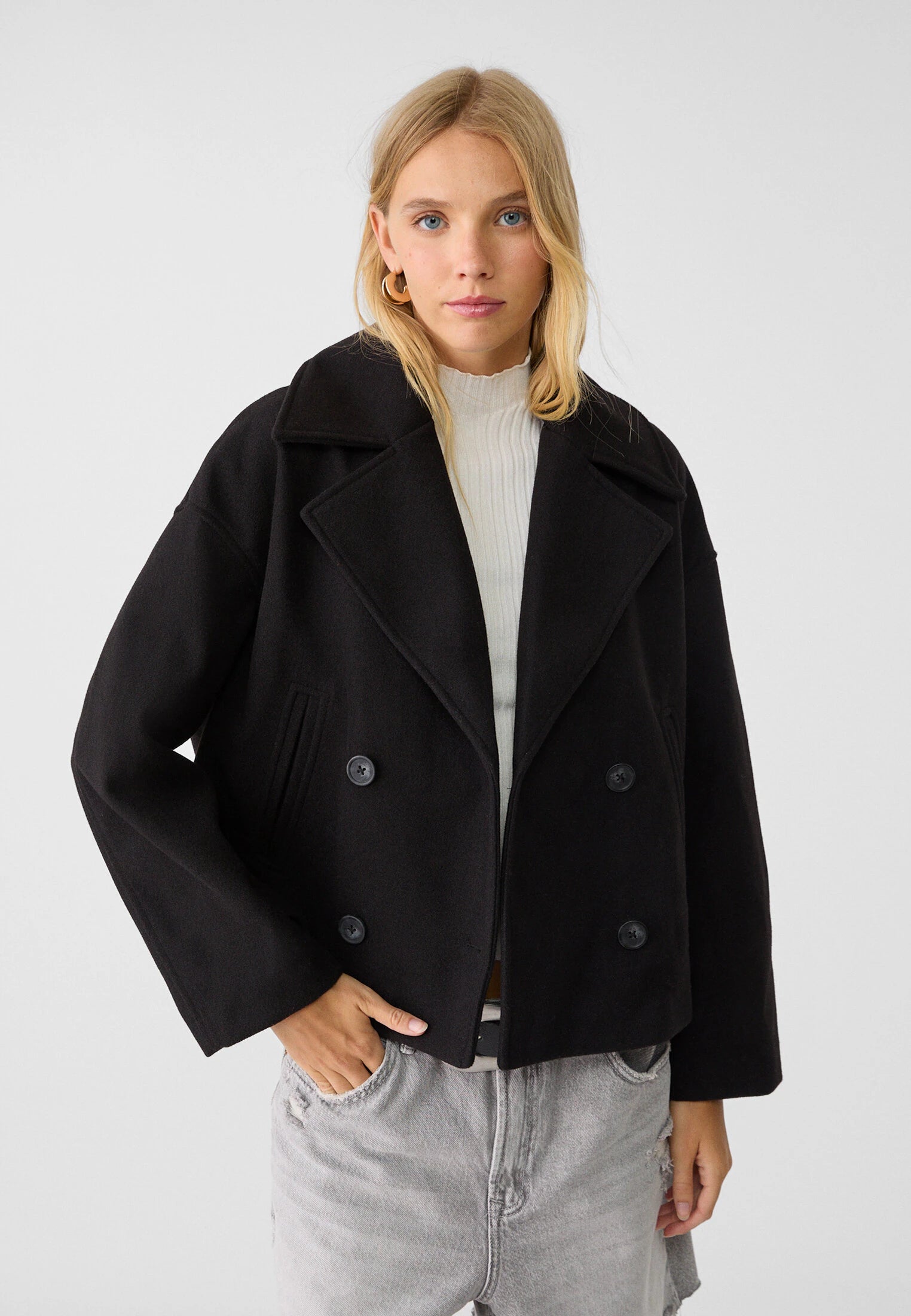 Cropped Double Breasted Jacket with Oversized Lapels and Pockets