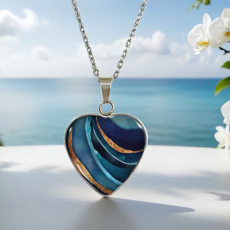 Abstract Ocean Glass Heart Necklace