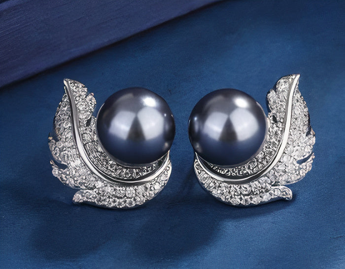 Grey Pearl Silver-Tone Earrings with Pavé Feather