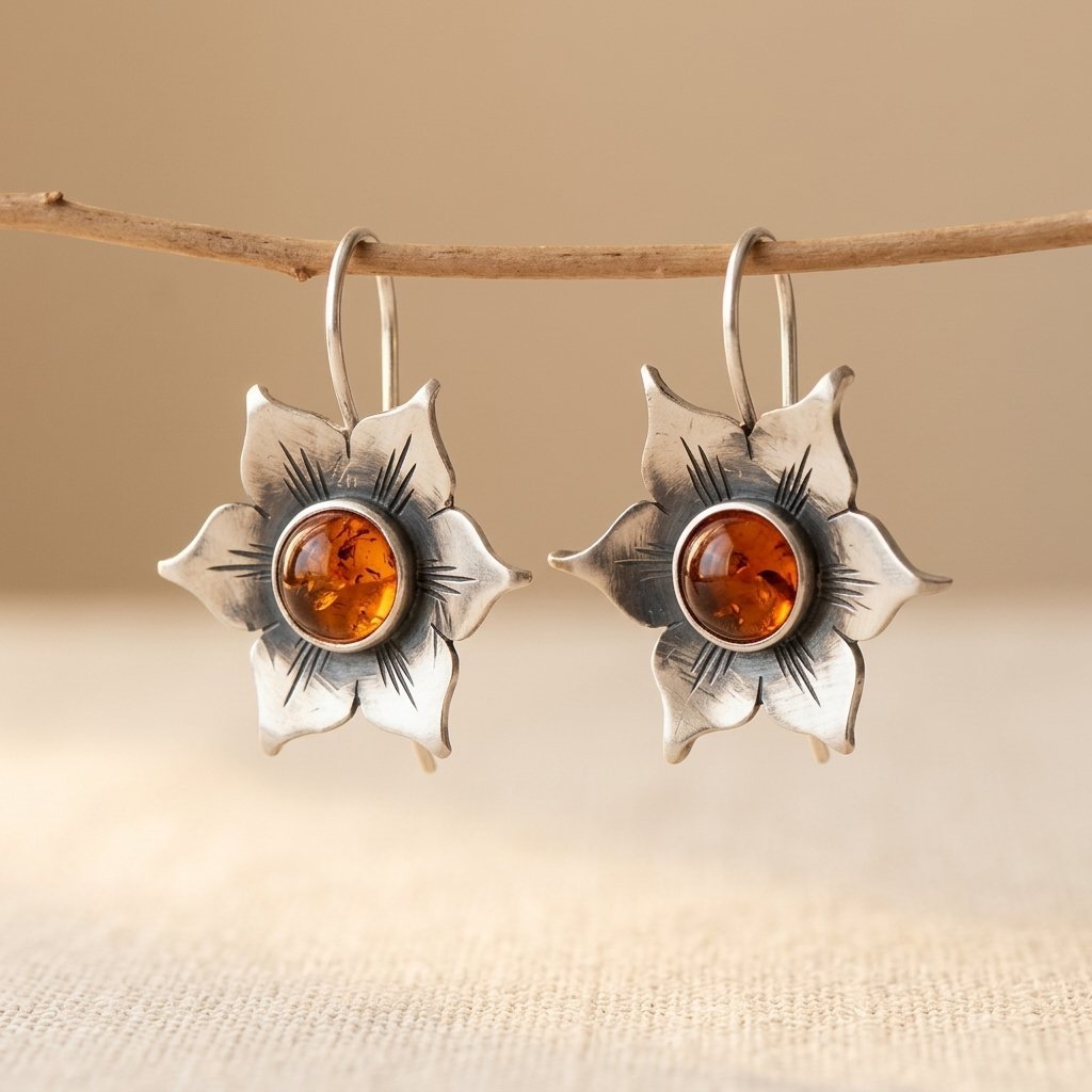 Zilverkleurige bloemoorbellen met blaadjes en amberlook-steen