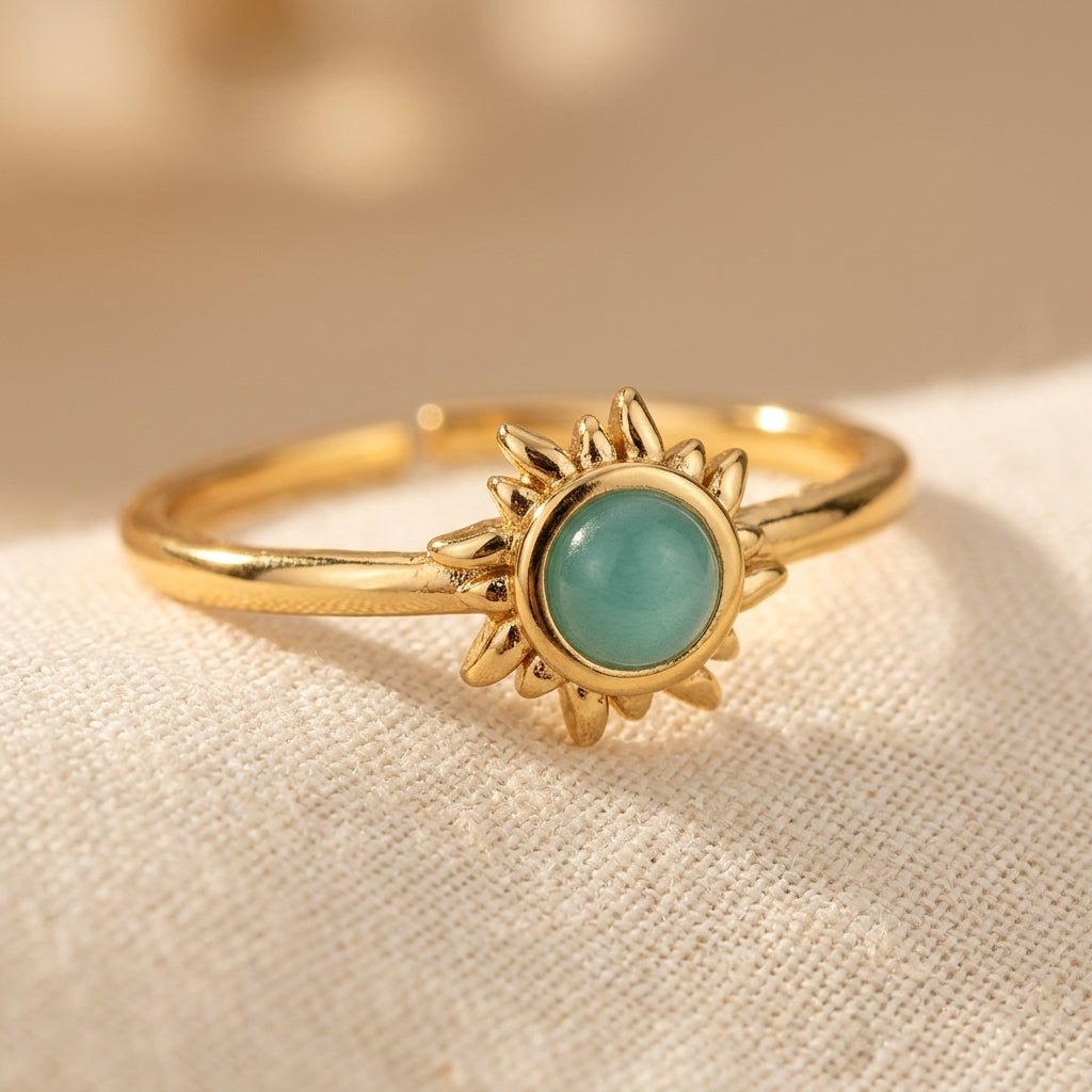 Gold-Tone Sunburst Ring with Round Turquoise-Look Stone