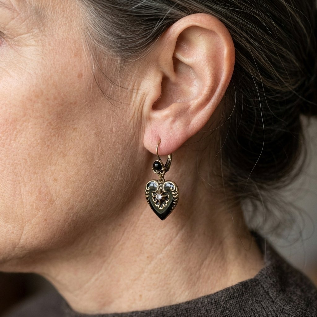 Gothic oorbellen met zwart emaille hart en zirkonia