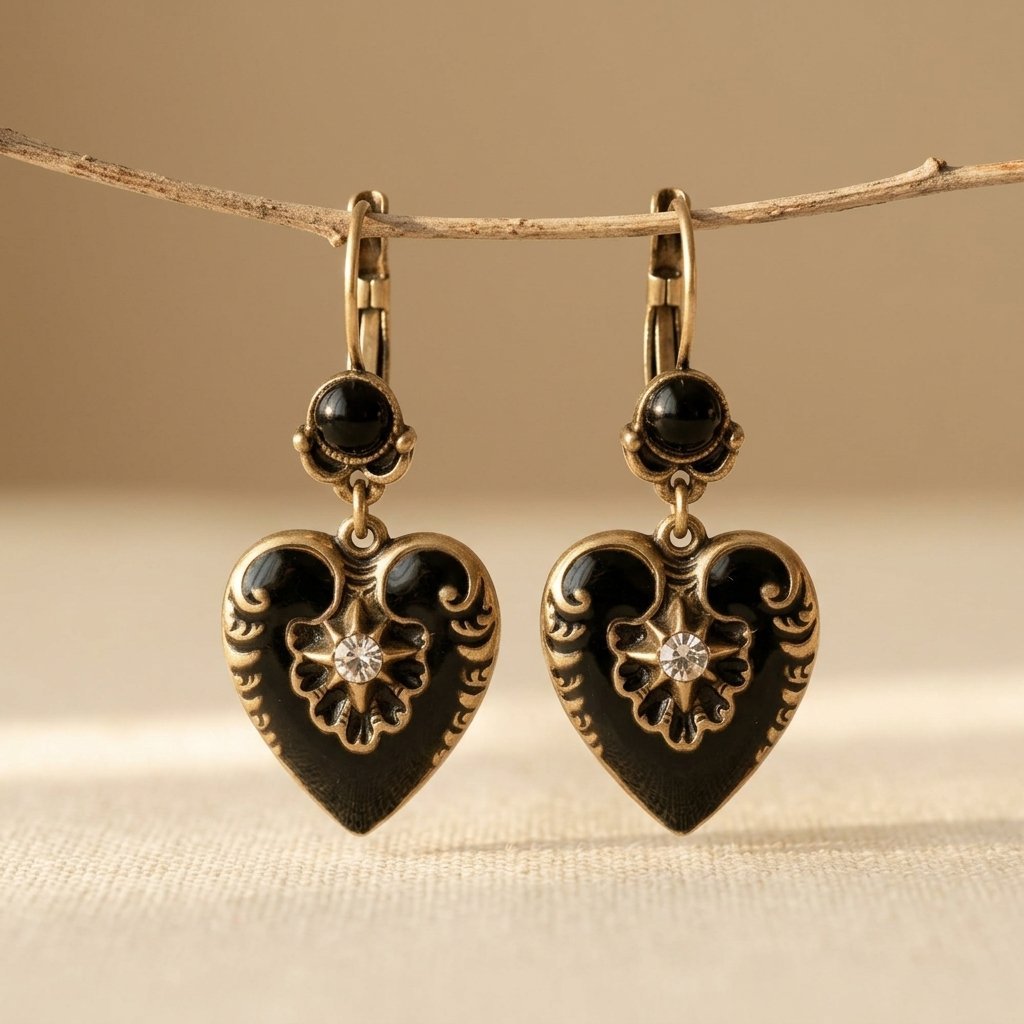 Gothic oorbellen met zwart emaille hart en zirkonia
