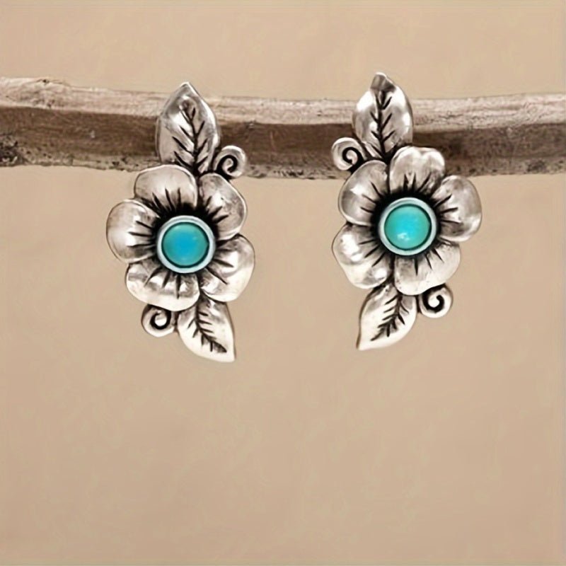Vintage-Style Turquoise Flower and Leaf Earrings