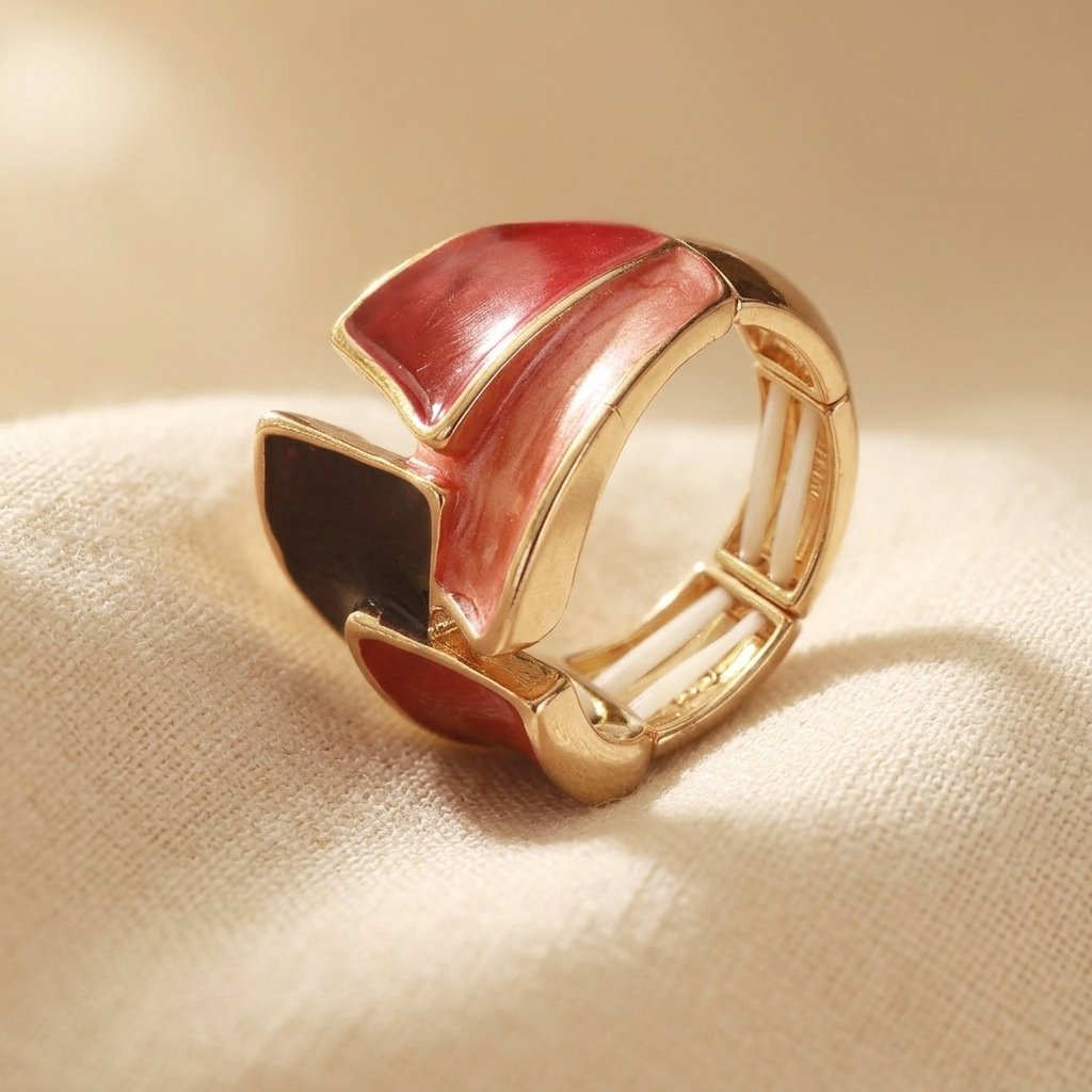 Wrap Ring with Red and Cream Enamel Panels