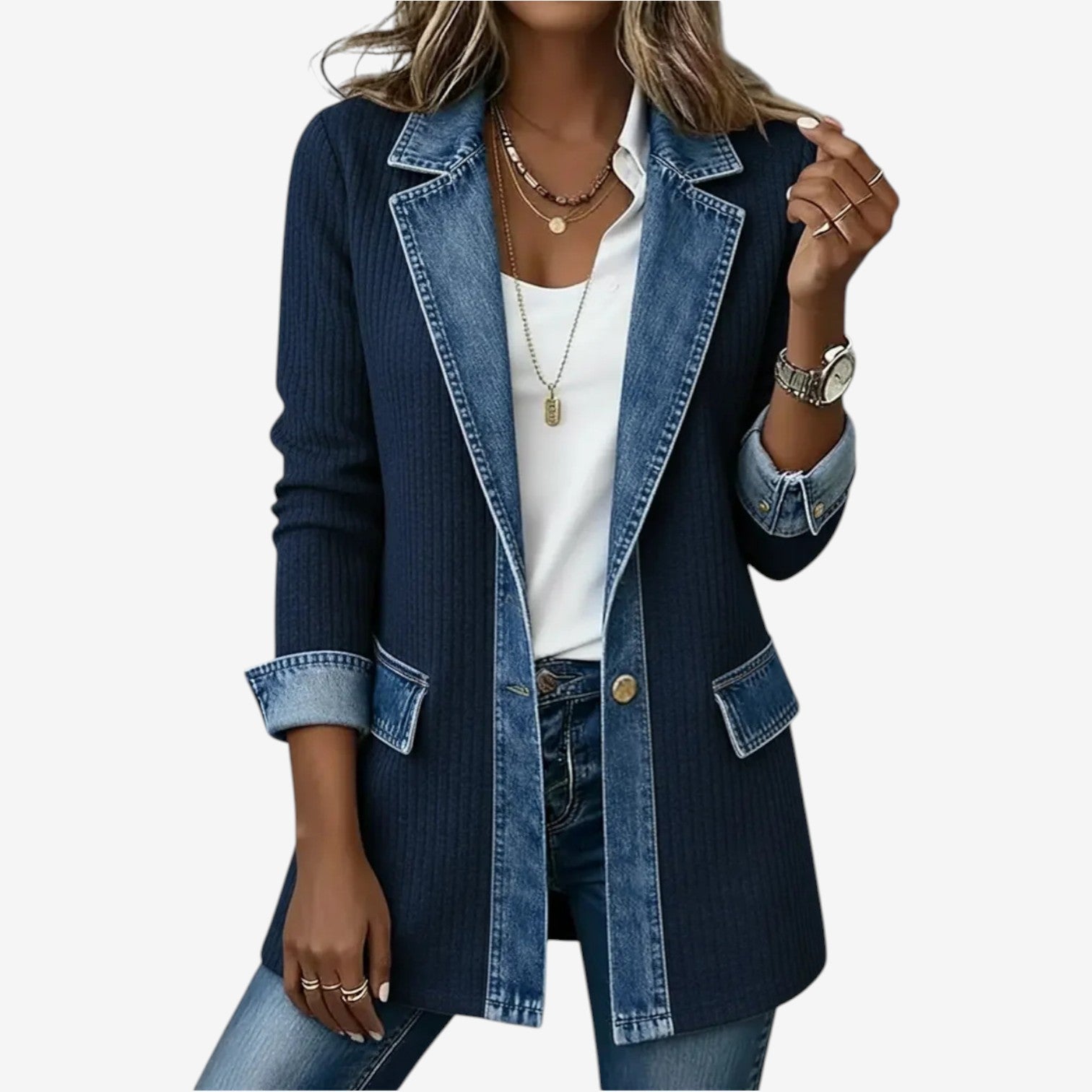 Denim Mix Blazer with Structured Shoulder and Clean Lines