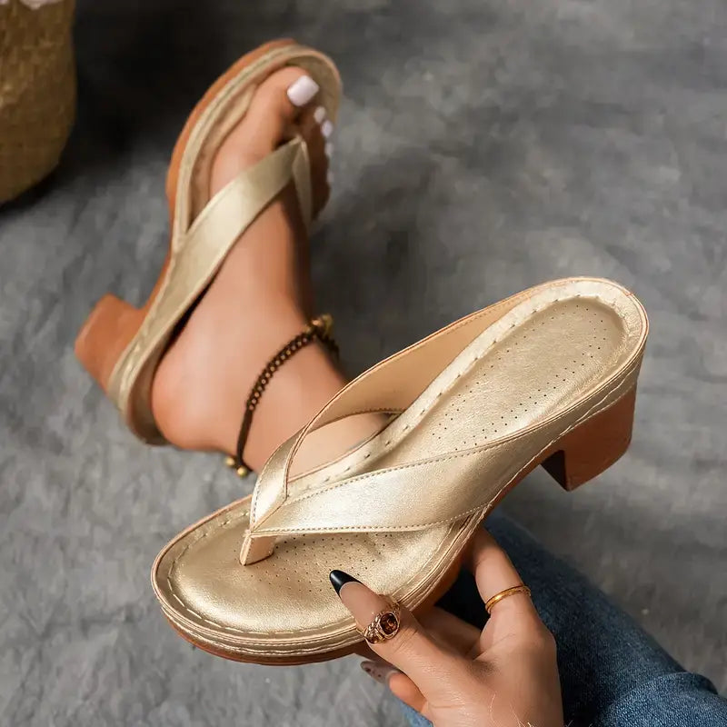 Faux Leather Platform Thong Sandals with Block Heel