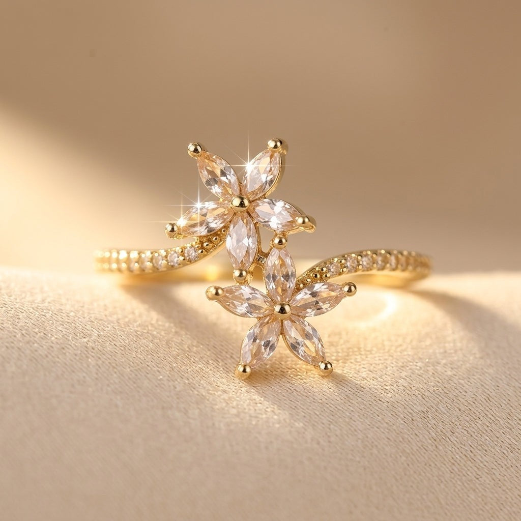 Open Gold-Tone Ring with Zirconia Flower and Marquise Leaves