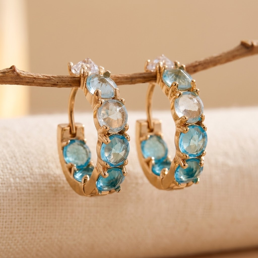 Aqua Zirconia Twist Hoop Earrings
