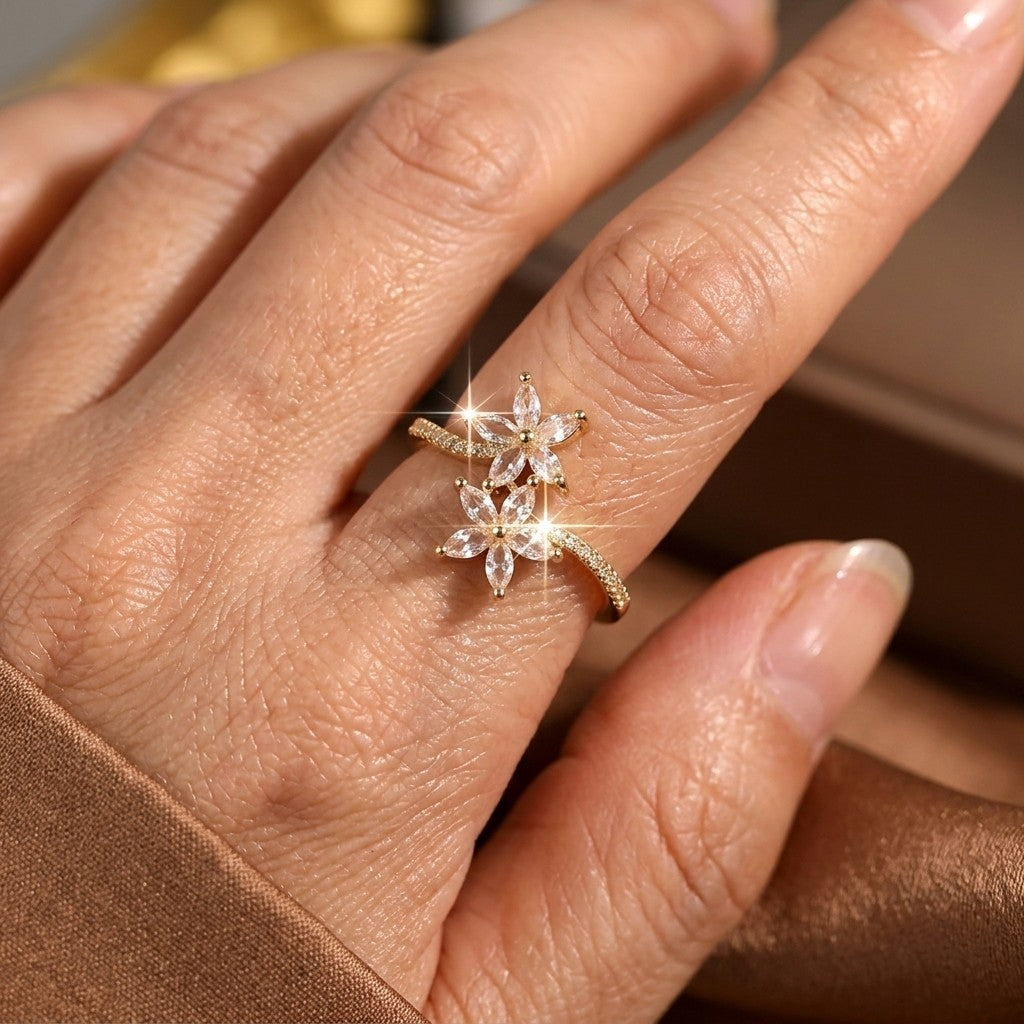 Open Gold-Tone Ring with Zirconia Flower and Marquise Leaves