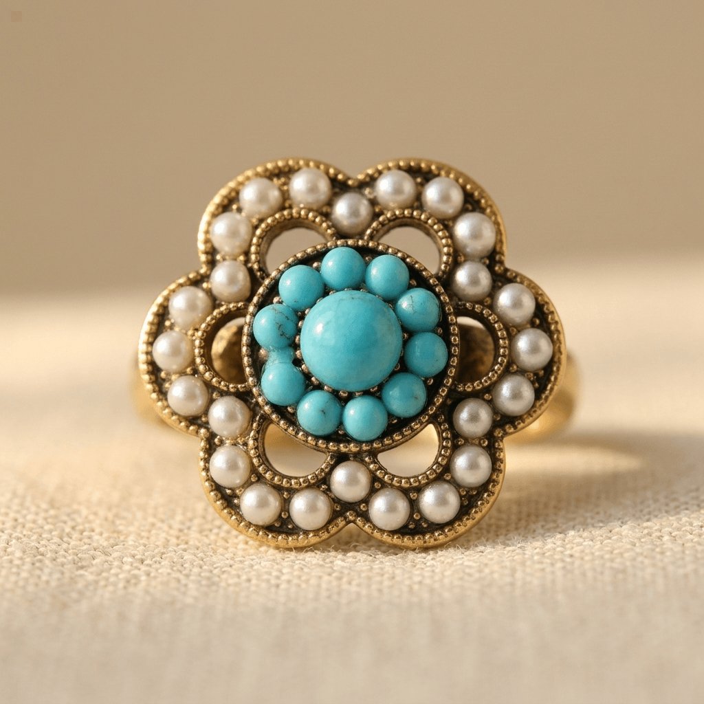 Turquoise and Pearl Floral Ring