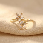 Open Gold-Tone Ring with Zirconia Flower and Leaf