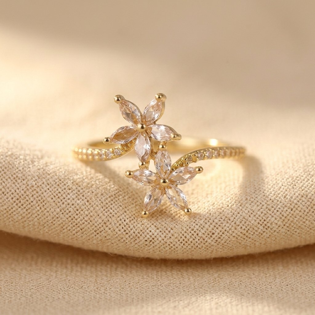 Open Gold-Tone Ring with Zirconia Flower and Leaf