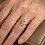 Open Gold-Tone Ring with Zirconia Flower and Leaf