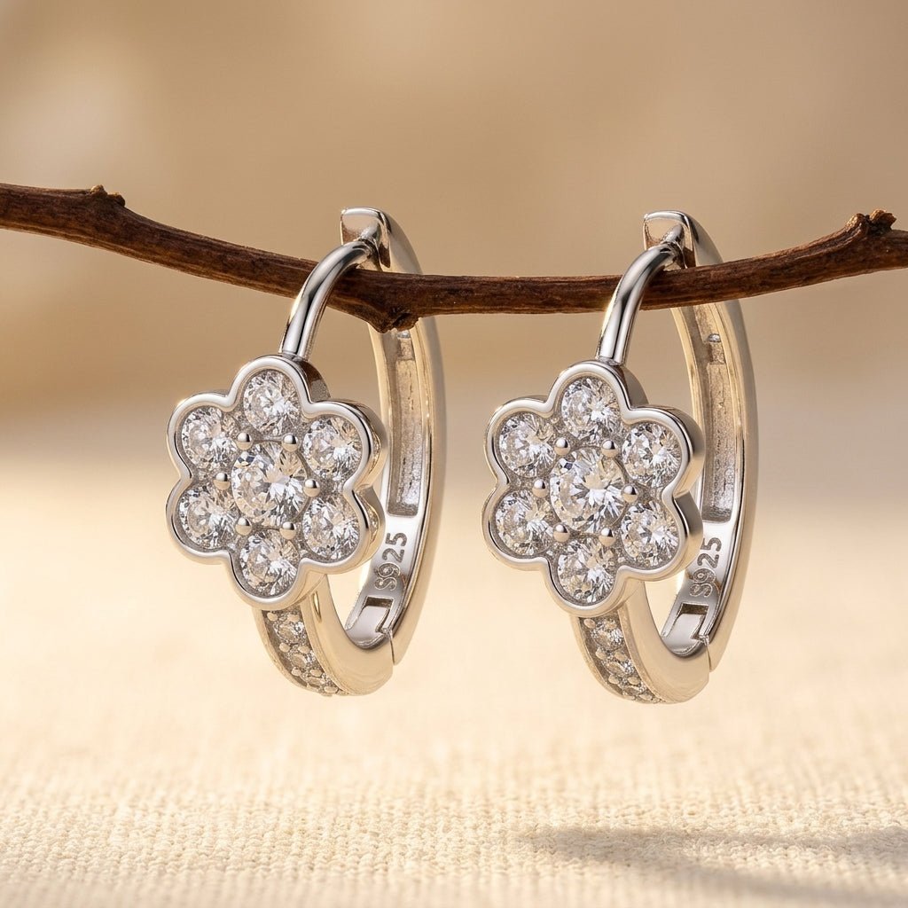 925 Sterling Silver Moissanite Flower Huggie Earrings