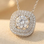 925 Sterling Silver Cushion Double Halo Moissanite Necklace