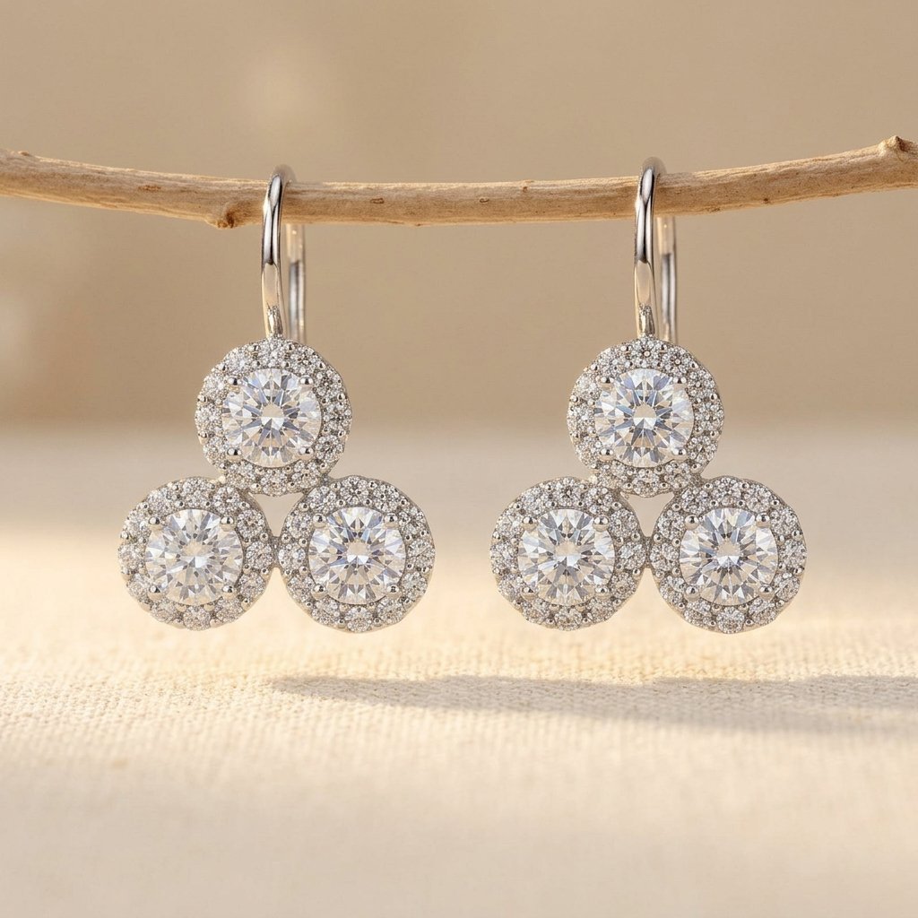 925 Sterling Silver Triple Moissanite Cluster Stud Earrings