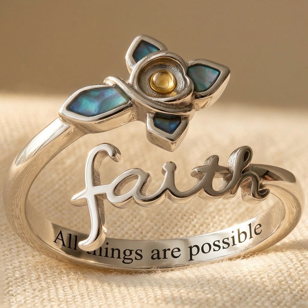 Adjustable Faith Cross Mustard Seed Abalone Shell Ring