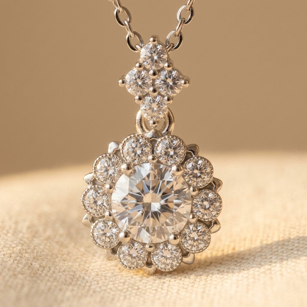 Ketting met bloemhanger, halo en moissaniet van 925 sterling zilver