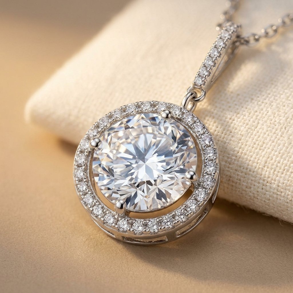 925 Sterling Silver Round Halo Moissanite Necklace