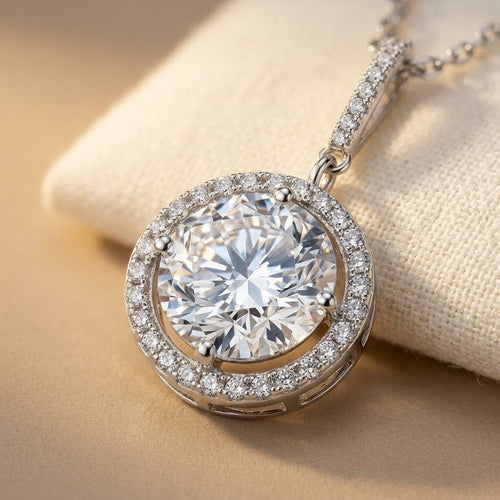925 Sterling Silver Round Halo Moissanite Necklace