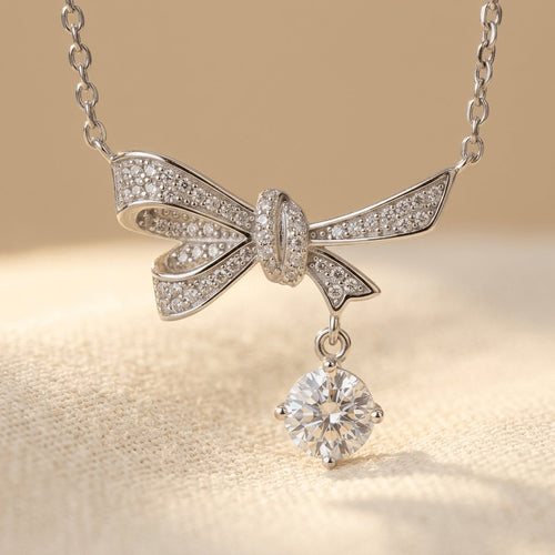 925 Sterling Silver Bow Necklace with Moissanite Drop