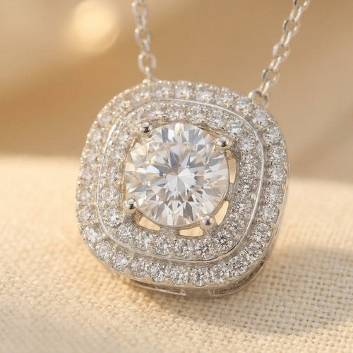 925 Sterling Silver Cushion Double Halo Moissanite Necklace
