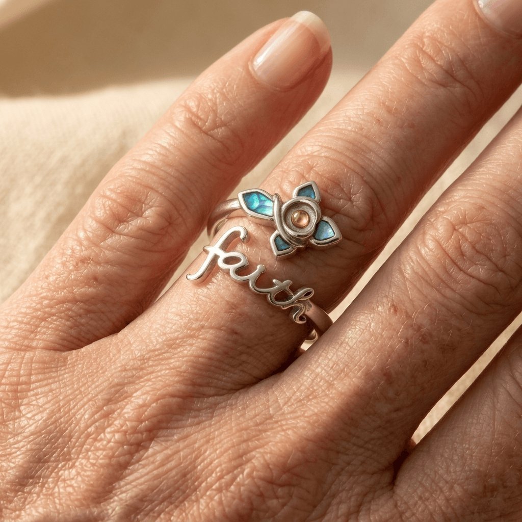 Adjustable Faith Cross Mustard Seed Abalone Shell Ring