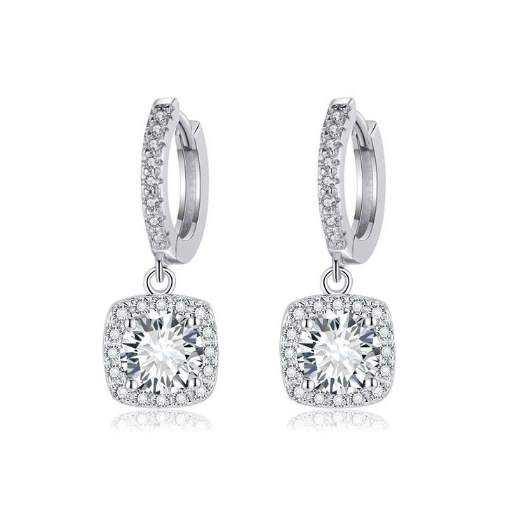 Square Halo Drop Earrings in White Gold Tone