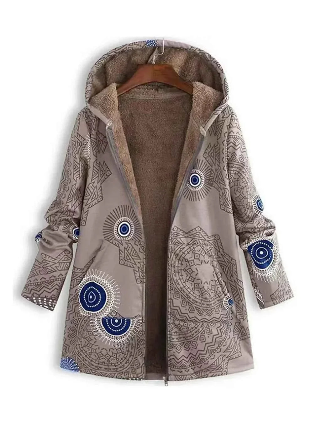 Geometric Print Parka with Sherpa Lining and Deep Pockets