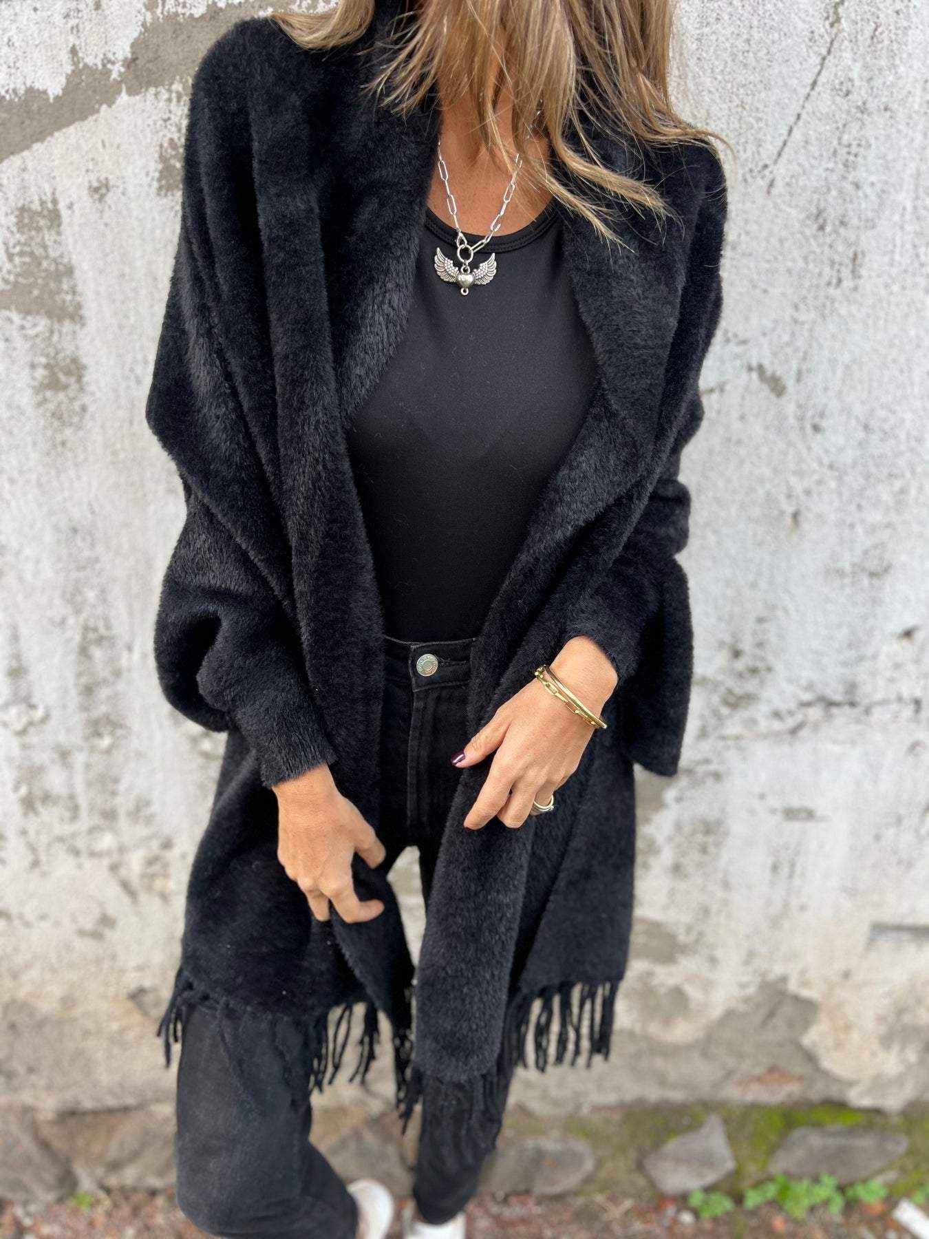 Open Draped Cardigan with Fringed Edges for Easy Layering