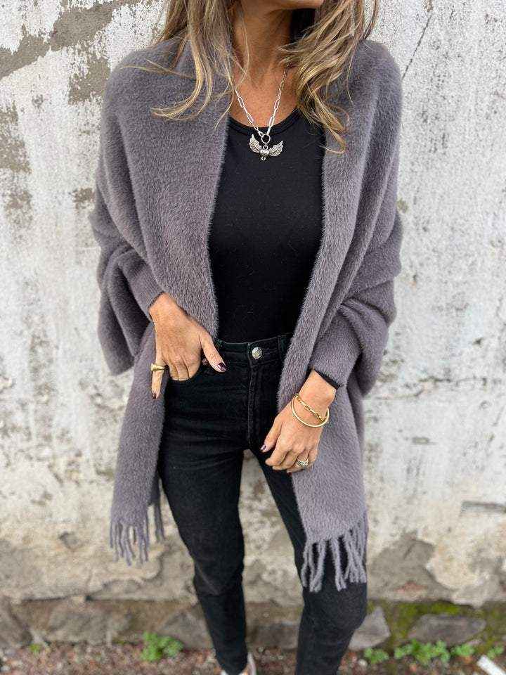 Open Draped Cardigan with Fringed Edges for Easy Layering