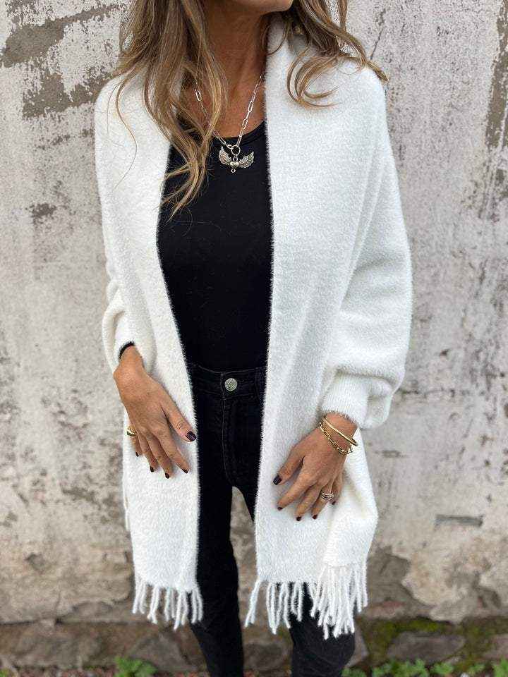 Open Draped Cardigan with Fringed Edges for Easy Layering