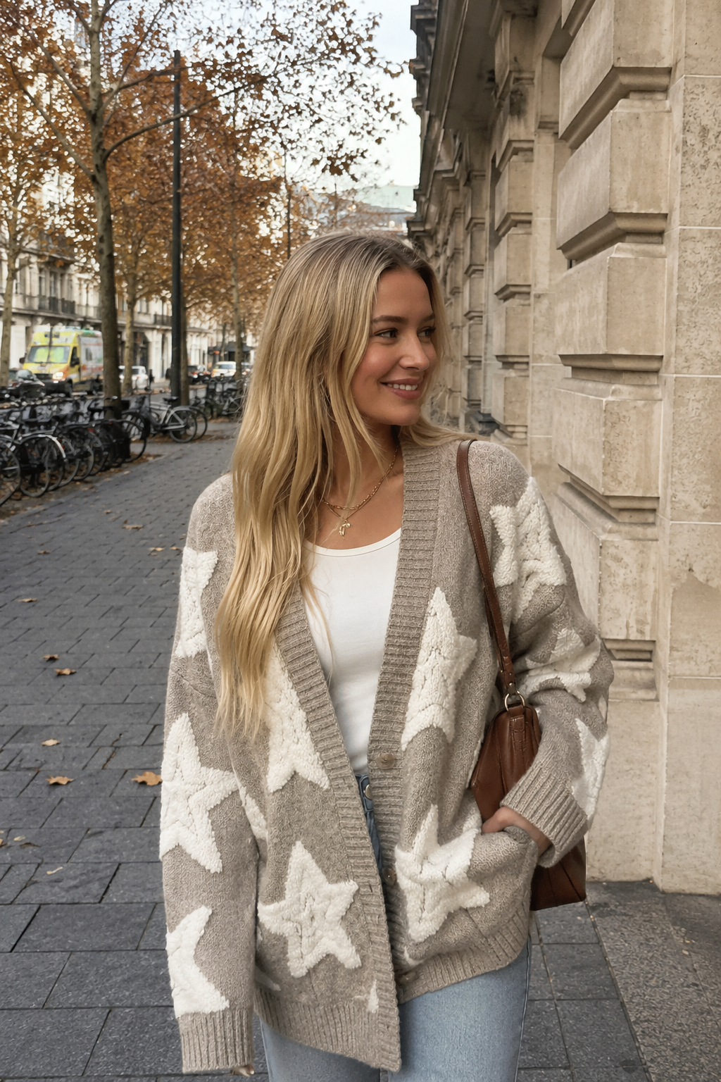 Cardigan sherpa à imprimé étoiles, col V et poches devant