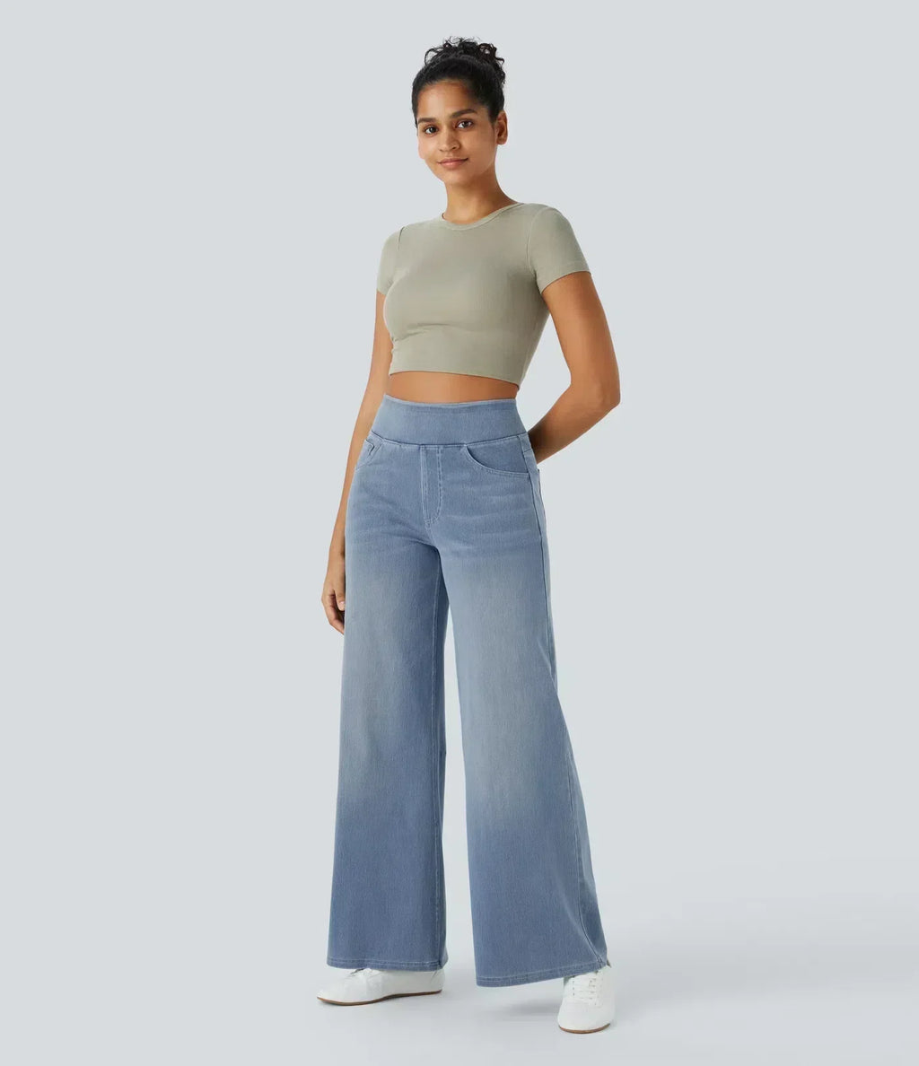 Pull-On Wide-Leg Jeans in Denim-Look Fabric