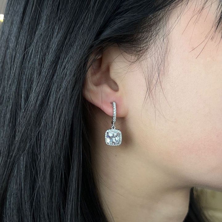 Square Halo Drop Earrings in White Gold Tone