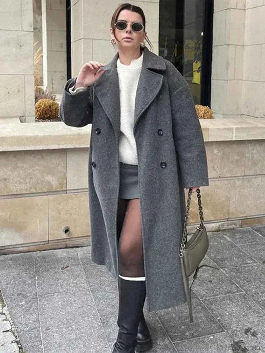 Double-Breasted Coat with a Mao Collar and Lace-Up Detail