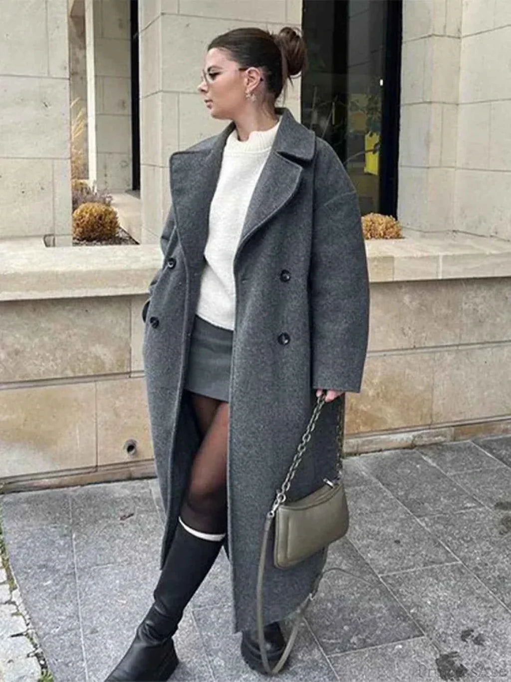 Double-Breasted Coat with a Mao Collar and Lace-Up Detail