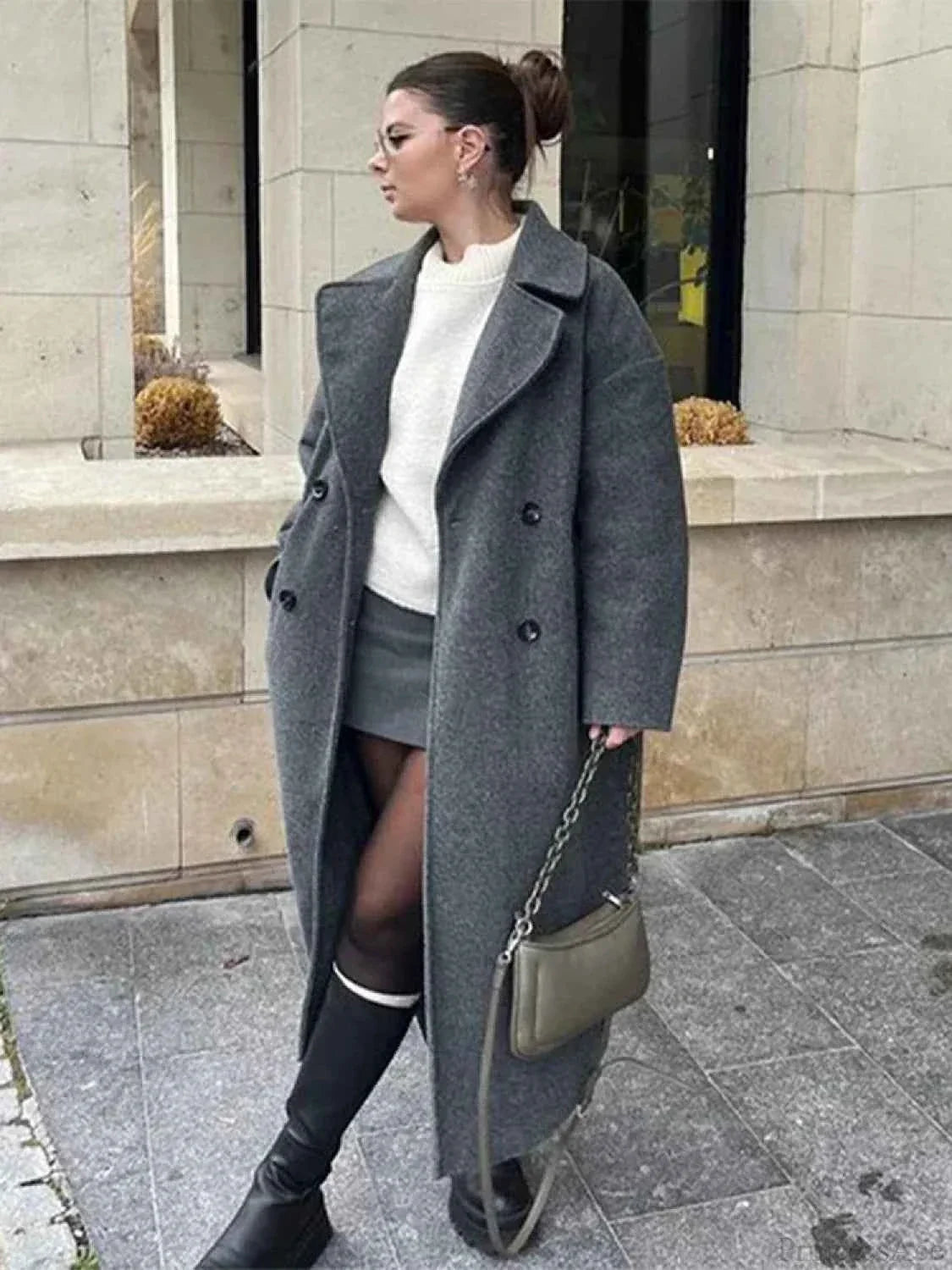 Double-Breasted Coat with a Mao Collar and Lace-Up Detail