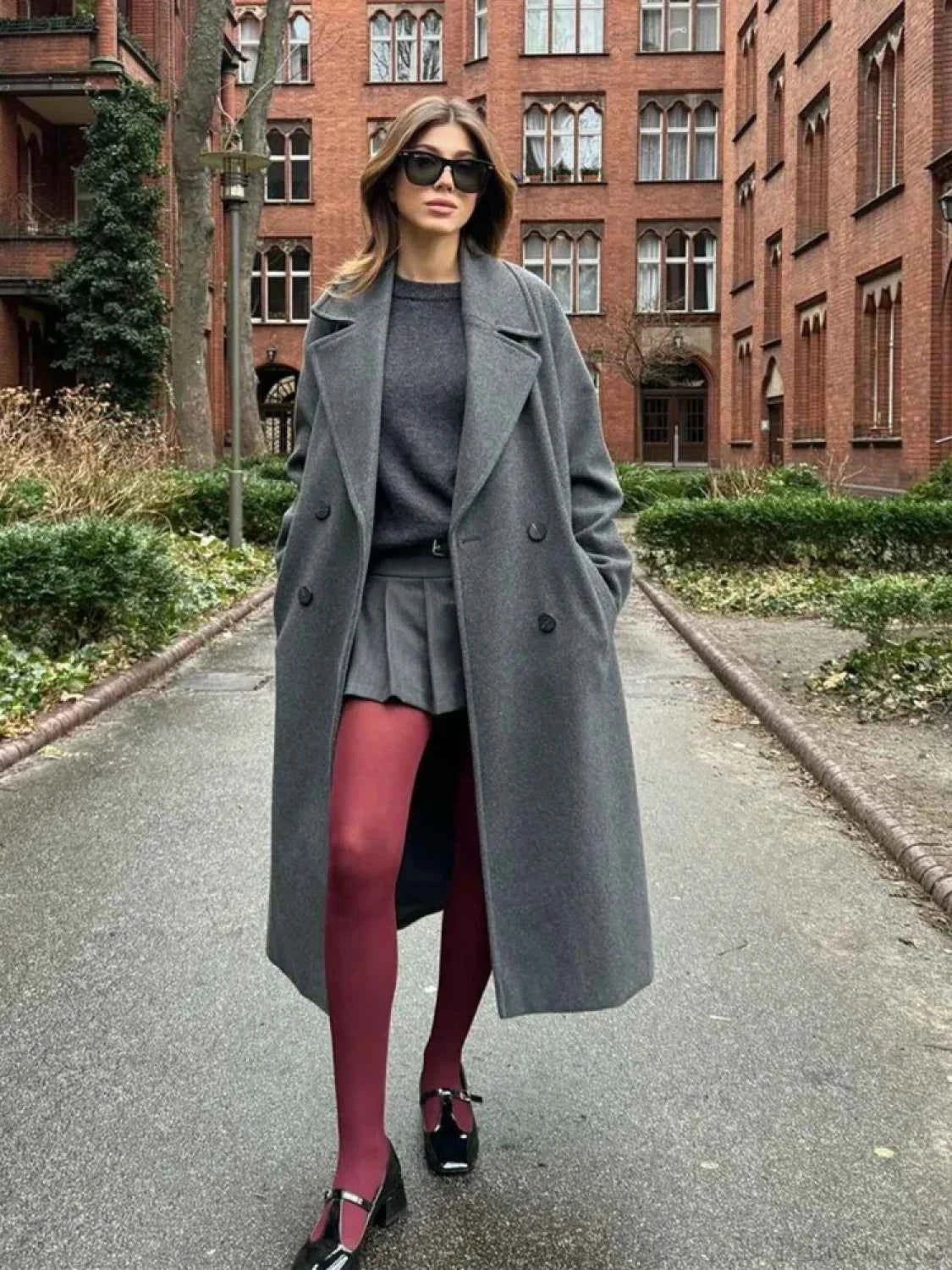 Double-Breasted Coat with a Mao Collar and Lace-Up Detail