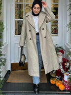 Double-Breasted Coat with a Mao Collar and Lace-Up Detail