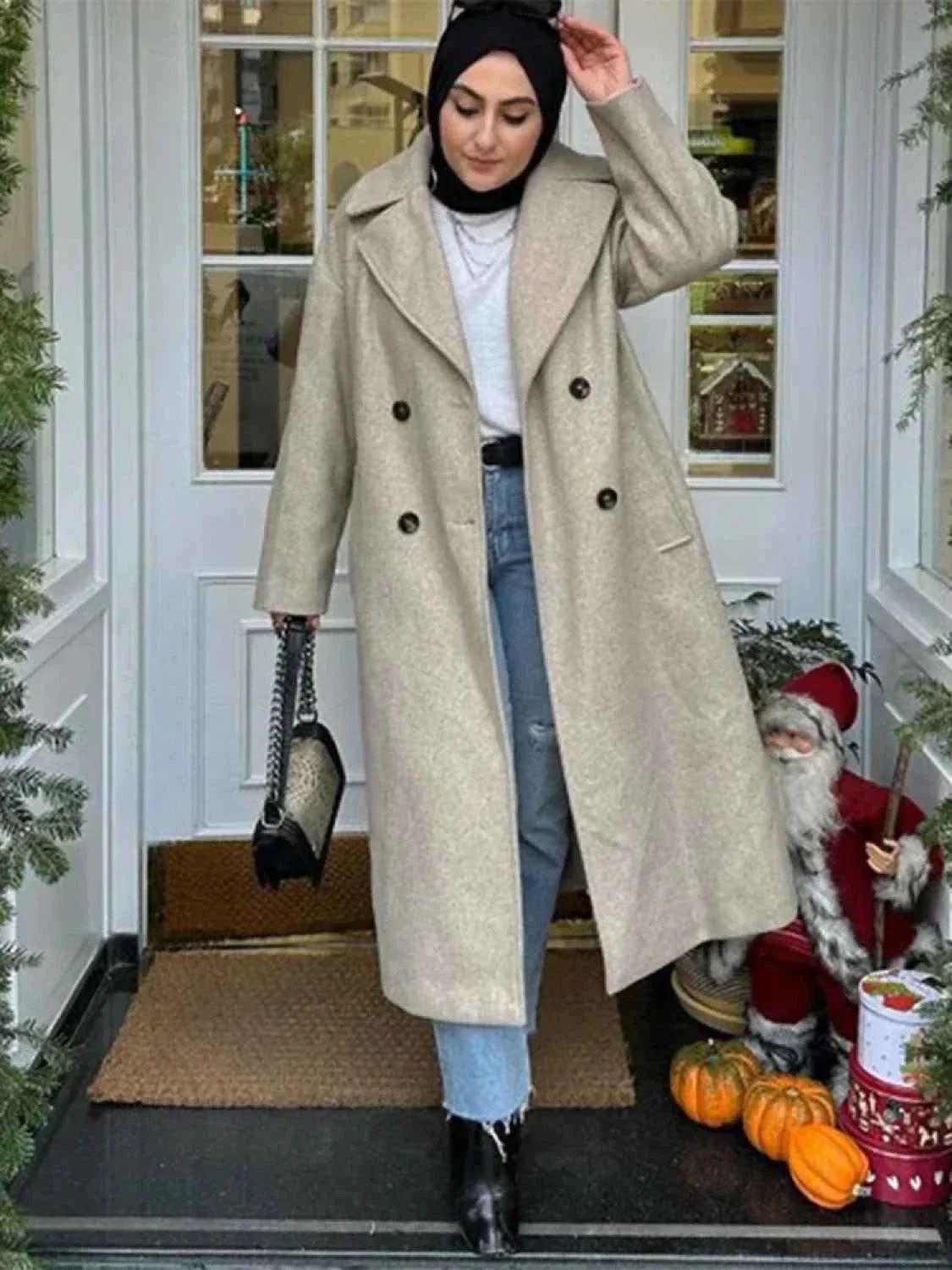 Double-Breasted Coat with a Mao Collar and Lace-Up Detail