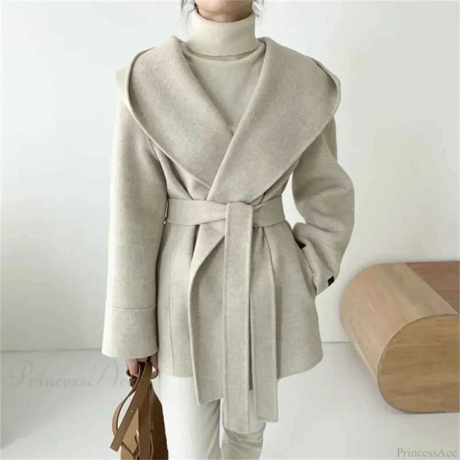 Hooded Brushed Coat with Belt Fastening and Dropped Shoulders