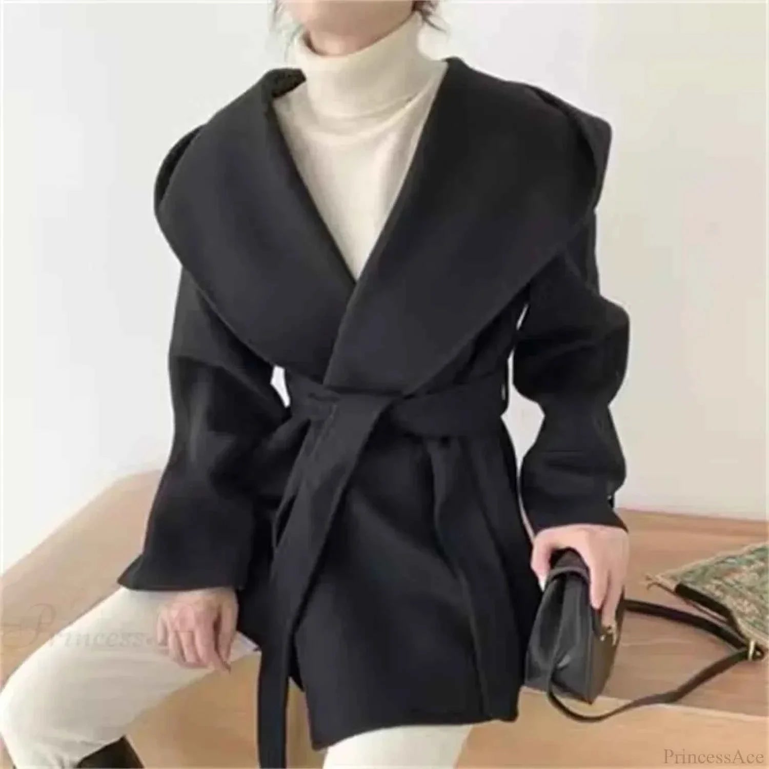Hooded Brushed Coat with Belt Fastening and Dropped Shoulders